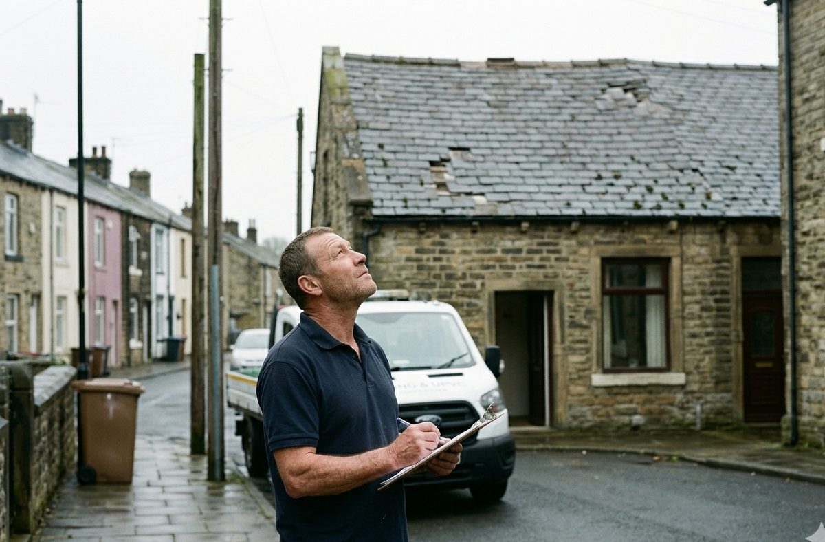 Douglas assessing a roof on a Yorkshire terraced street