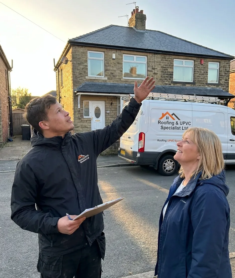 Douglas in front of a completed roof job in West Yorkshire