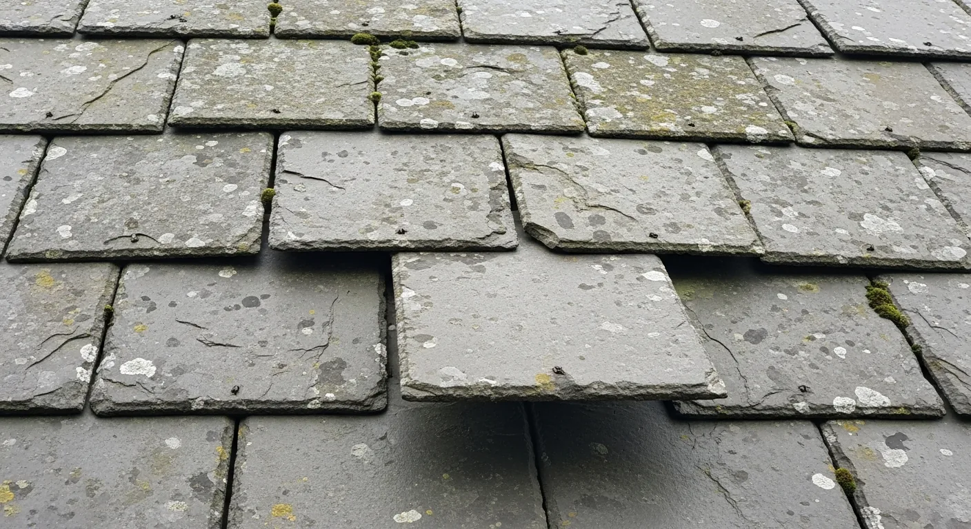 Roofer fixing slipped slates on a UK roof