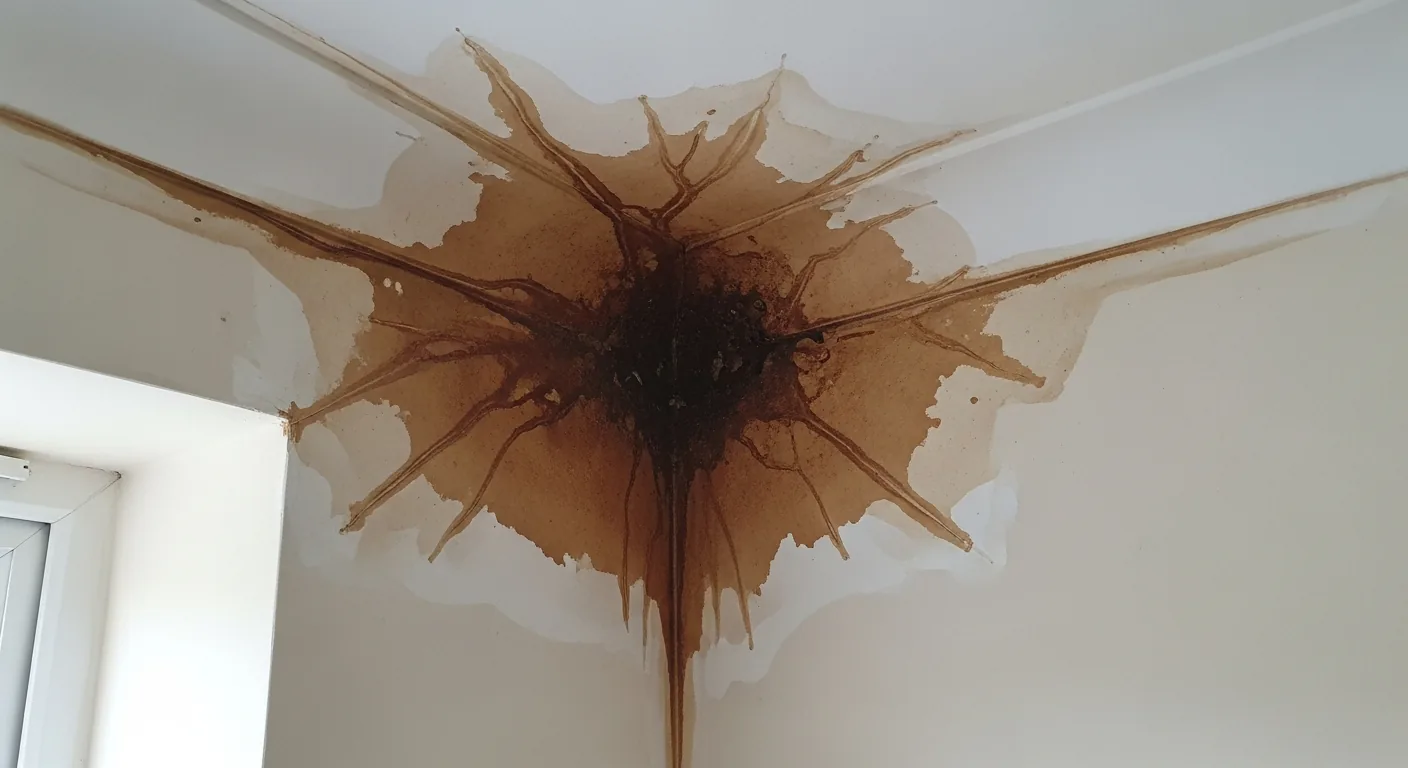 Water damage staining on a UK home interior ceiling from a roof leak