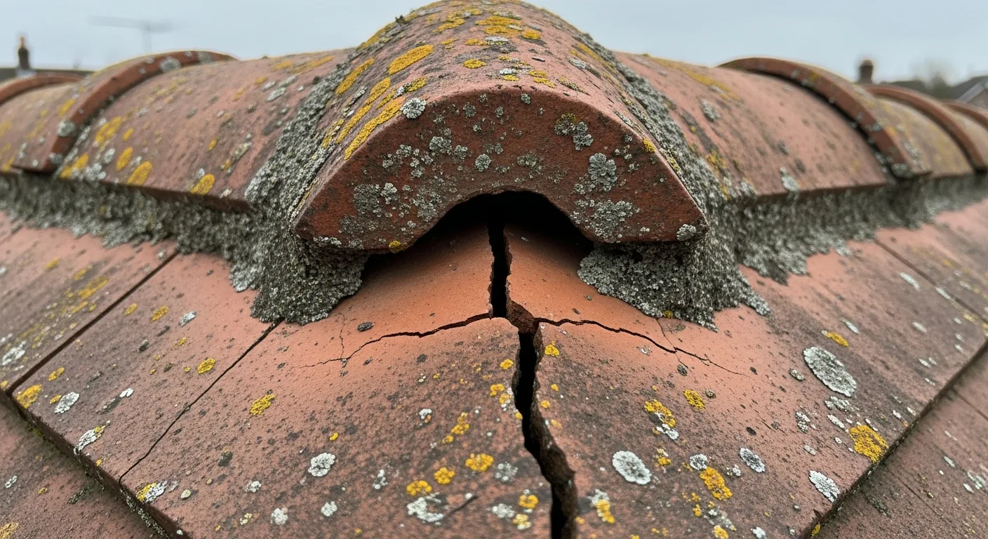 Cracked clay ridge tiles on a UK pitched roof