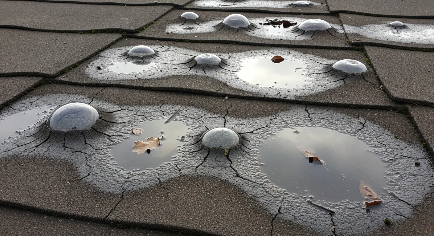 UK flat felt roof with bubbles and ponding water